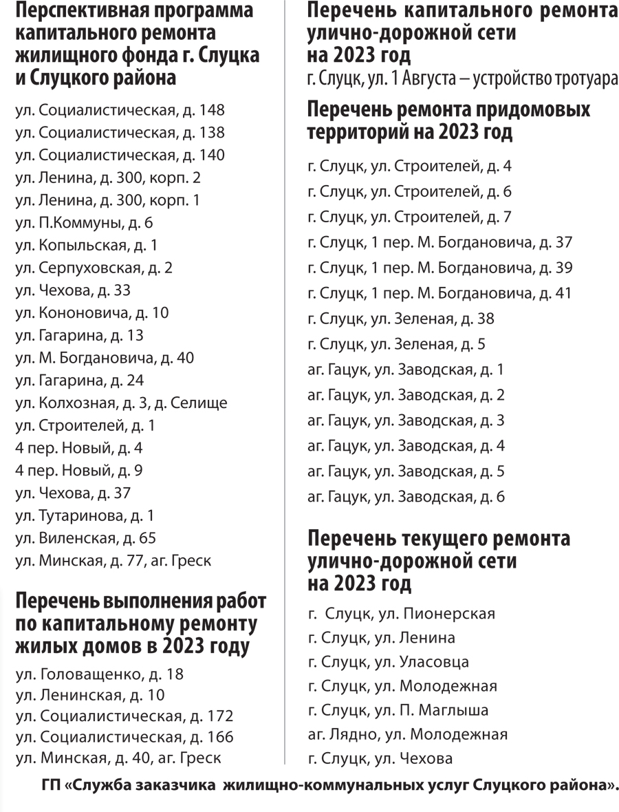 Перечень выполнения работ по ремонту объектов в Слуцке и Слуцком районе в  2023 году | ЖКХ | Новости Слуцка и Слуцкого района Газета 