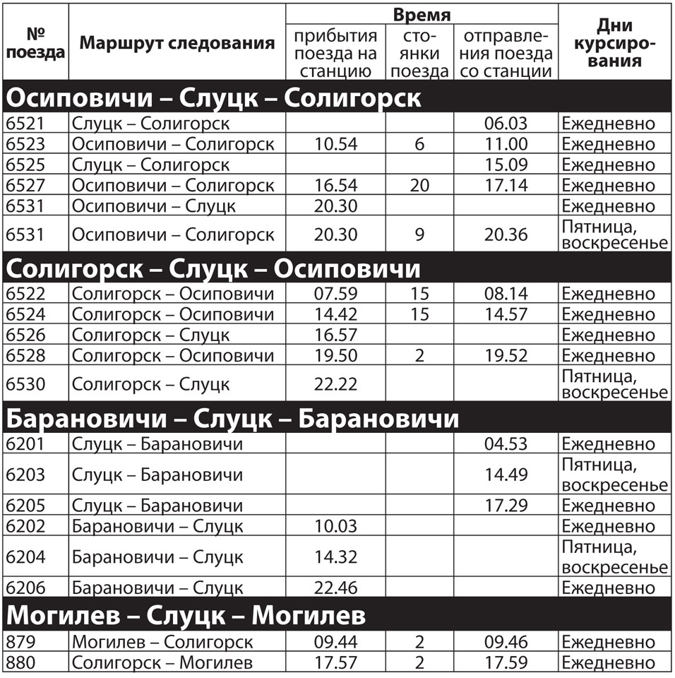 Расписание движения поездов по станции Слуцк | Справочная информация |  Новости Слуцка и Слуцкого района Газета 